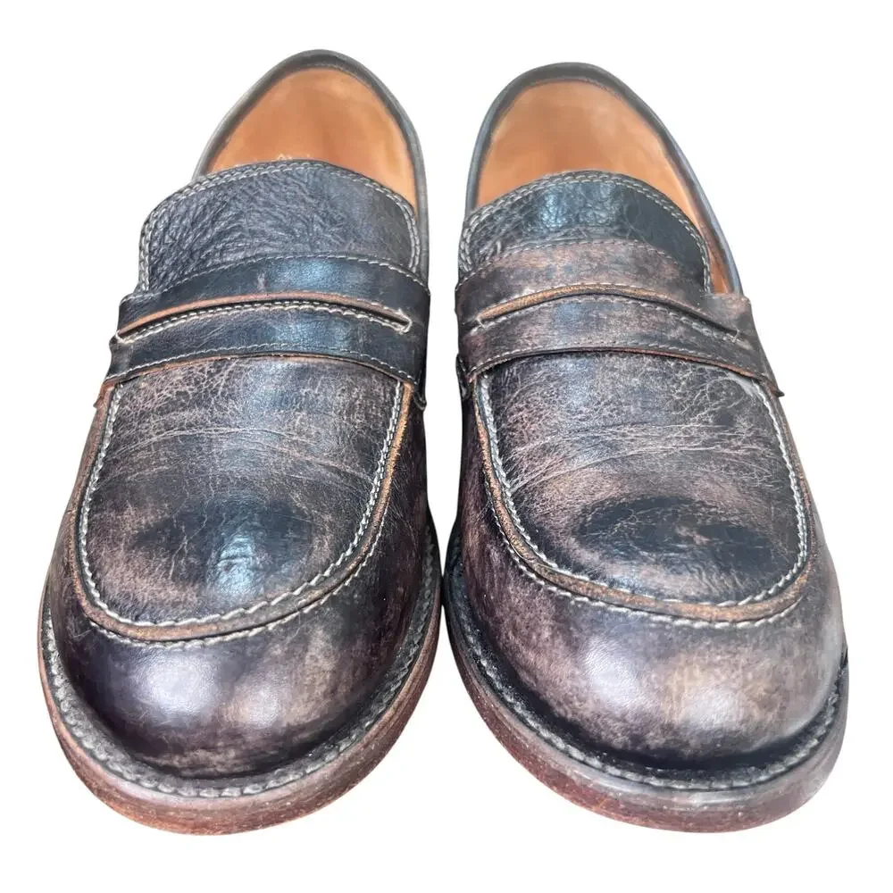 Bed Stu Reina Cobbler Series Handcrafted Black Wash Leather Loafers Size 9